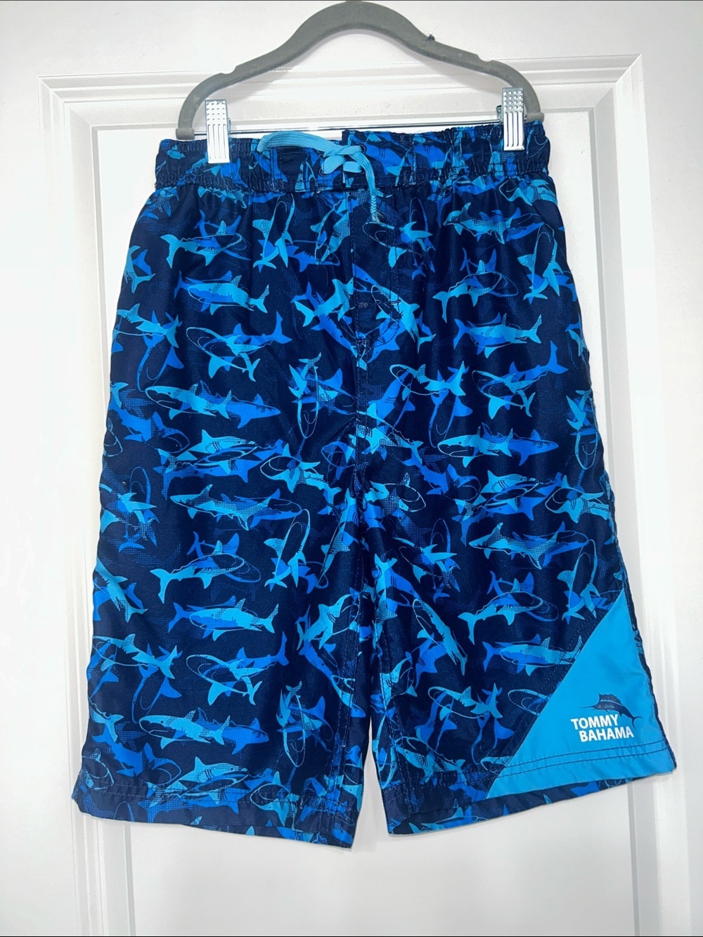 Tommy Bahama Navy & Aqua Shark-Print Swim Shorts